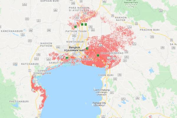 A map based on conventional satellite imaging shows areas in Bangkok and vicinity expected to be below projected average annual flood heights in 2050. (Climate Central)