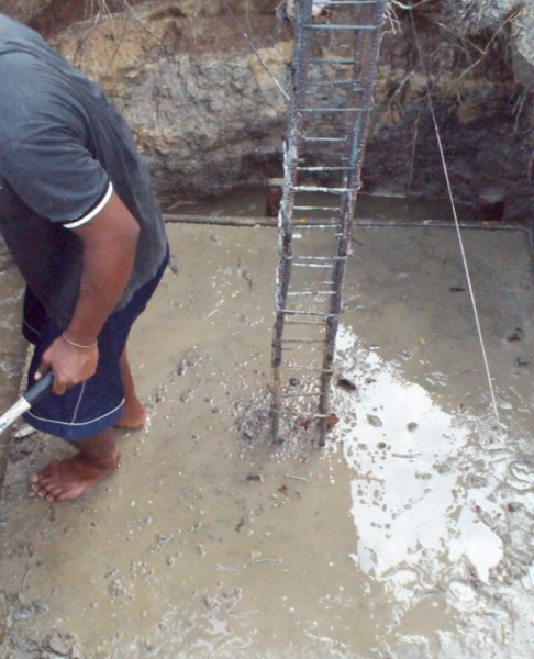 foundations dug depth 2.5 meters. concrete 1.5 meters x 1.5 meters.depth 1.5 meters. total 2.25 square meters of concrete per post.