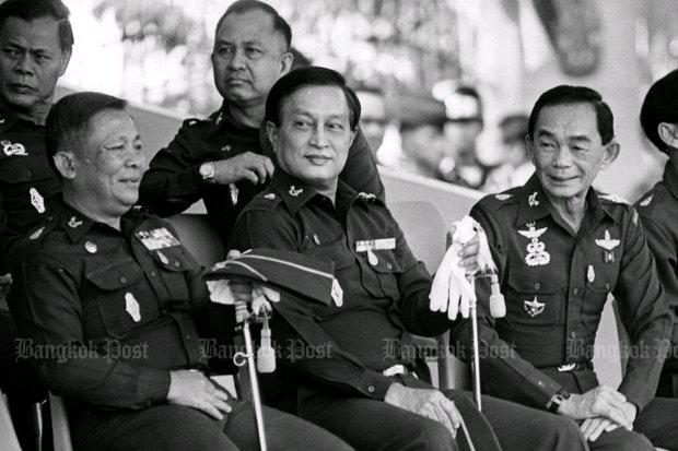 Coupmaker and subsequent National Peace-keeping Council (junta) chairman Gen Sunthorn Kongsompong, right, enjoys a moment with fellow coup plotters Gen Suchinda Krapayoon (centre) and Gen Issarapong Noonpakdee,...