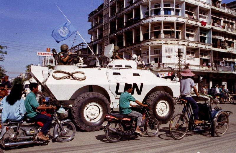 FILE PHOTO: UN peacekeepers patrol the streets of Phnom Penh in an armoured personnel carrier, Cambodia Aug 27, 1993. (Reuters)