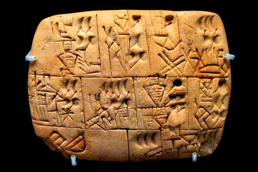This Mesopotamian tablet showing the allocation of beer to workers is one of the earliest known recordings of a debt.(WIkimedia Commons: BableStone - darkened)