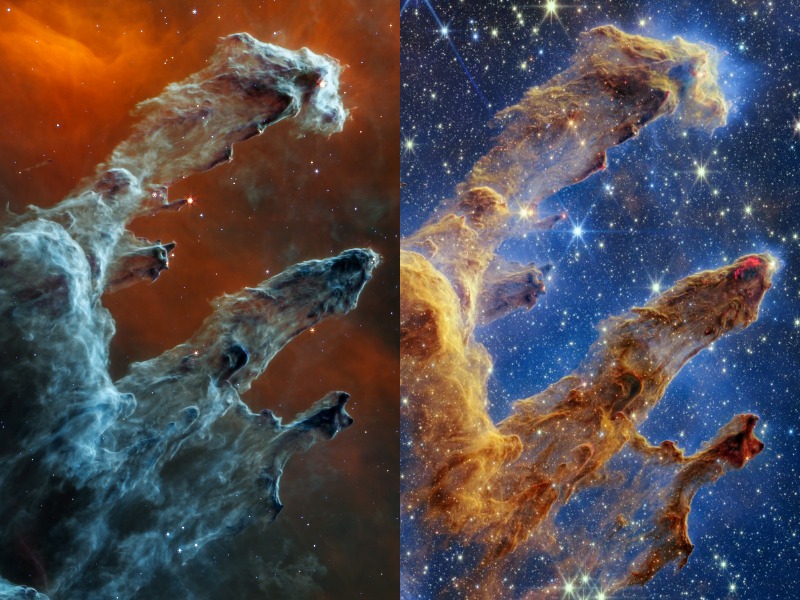 A side-by-side look at two highly detailed images of the Pillars of Creation from the James Webb Telescope. (Supplied: NASA, ESA, CSA, STScI; Joseph DePasquale (STScI), Anton M Koekemoer (STScI), Alyssa Pagan (STScI))