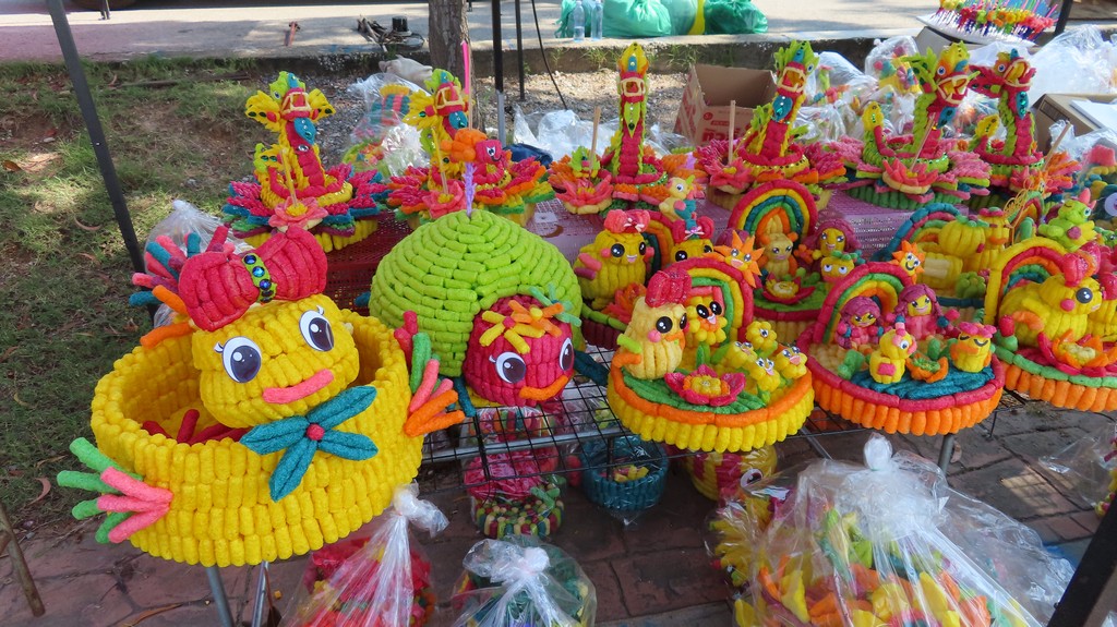 Colourful edible Krathongs on display.