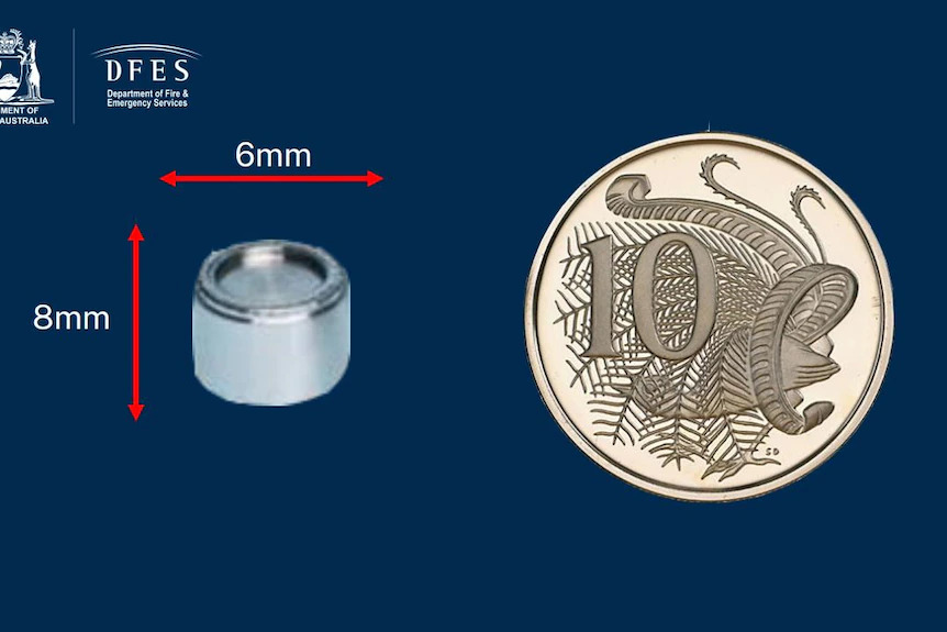 This image shows the size of the capsule relative to a 10-cent coin. (Supplied: DFES)