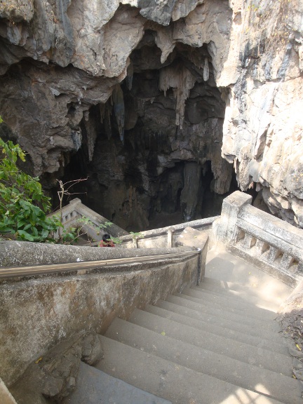 The stairway leading into the cave.  Good condition, but irregular heights.