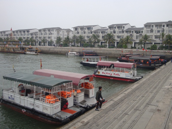 Tenders waiting to ferry passengers to their Junks.